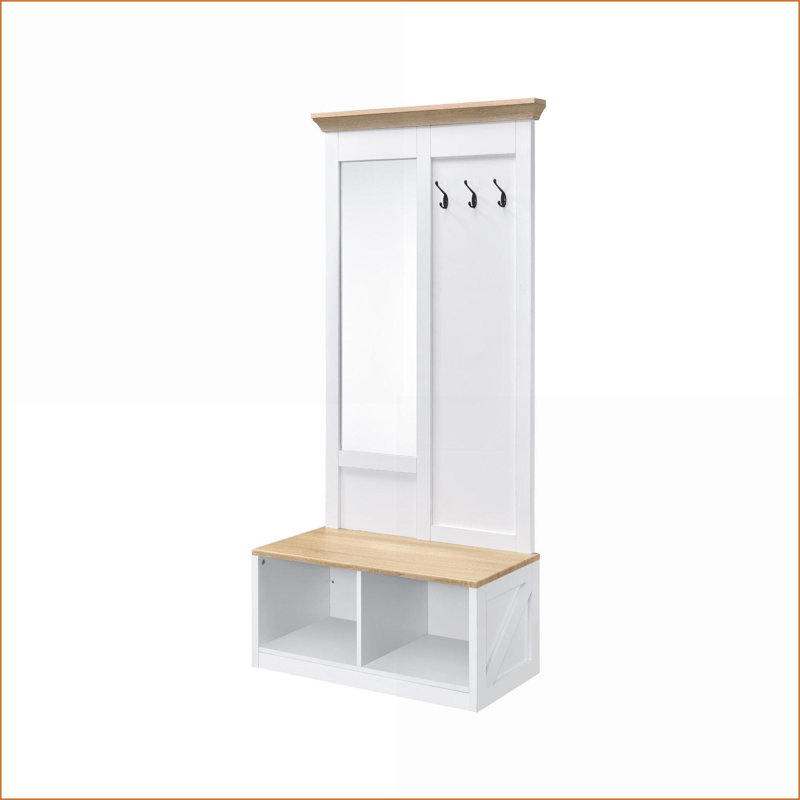 Arbre d'entrée avec miroir, banc, rangement et amp; Crochets | Chêne clair Finition blanche | Chêne clair, blanc | Bois synthétique