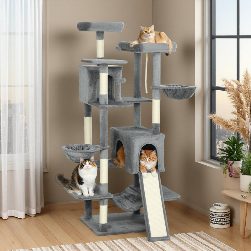 Arbre à chat 69 po, tour à chat multi-niveaux avec 2 condos et 3 hamacs, 8 poteaux à griffer, pour chats multiples