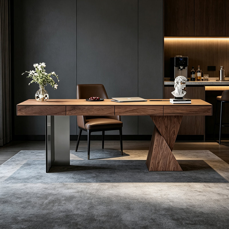 Bureau moderne en placage de noyer de 180 cm de large avec tiroirs et multiprise intégrée, bureau d'ordinateur avec plateau en acrylique et pieds en bois courbés, idéal pour un bureau ou une chambre.