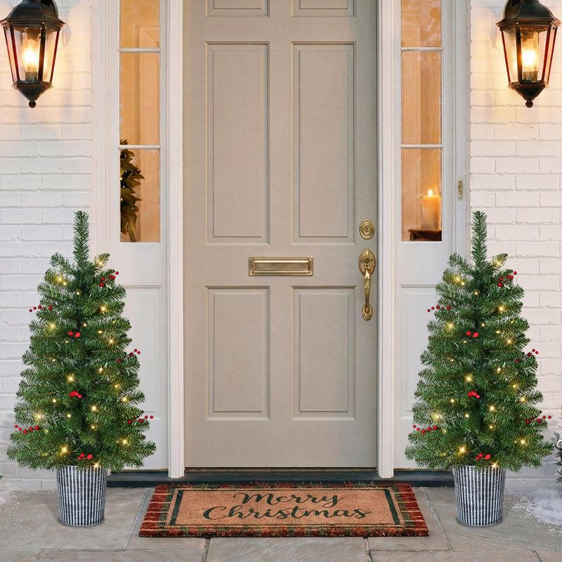 3.5ft Pre-Lit Set of 2 Potted Decorated Artificial Christmas Tree with 35 Clear Lights, 95 Realistic Branch Tips, Easy Setup Artificial Trees with Durable Sturdy Base