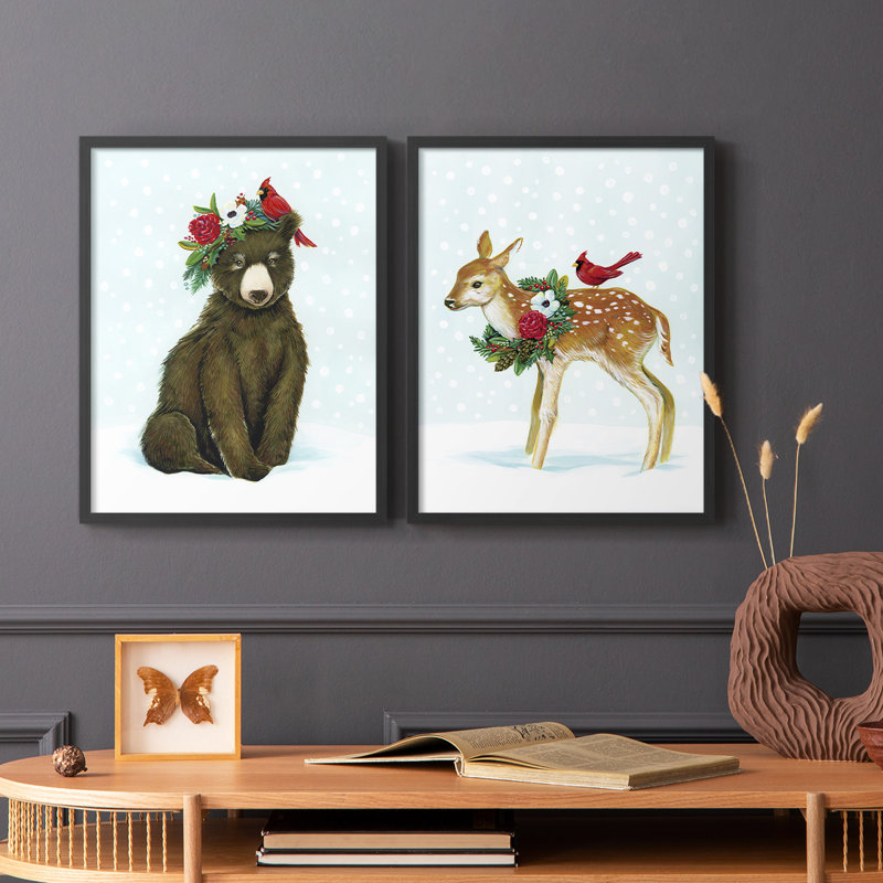 «Winter Woodland Creatures with Cardinals I», reproduction encadrée de qualité supérieure - prête à être accrochée - aucun clou requis - aucun clou requis
