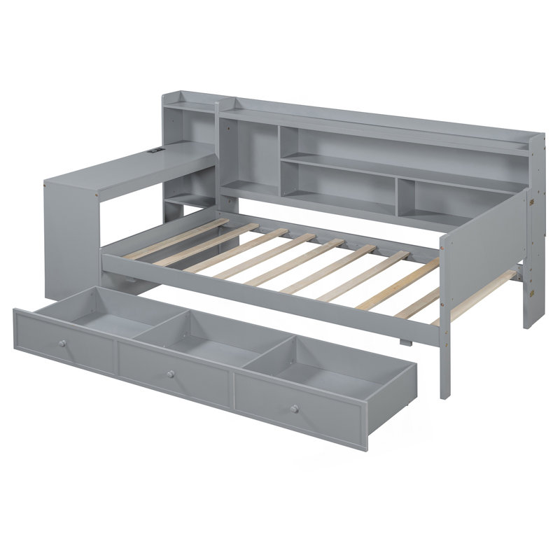 Twin Size Daybed With 3 Drawers, Usb Ports And Desk, Modern Day Bed, Gray
