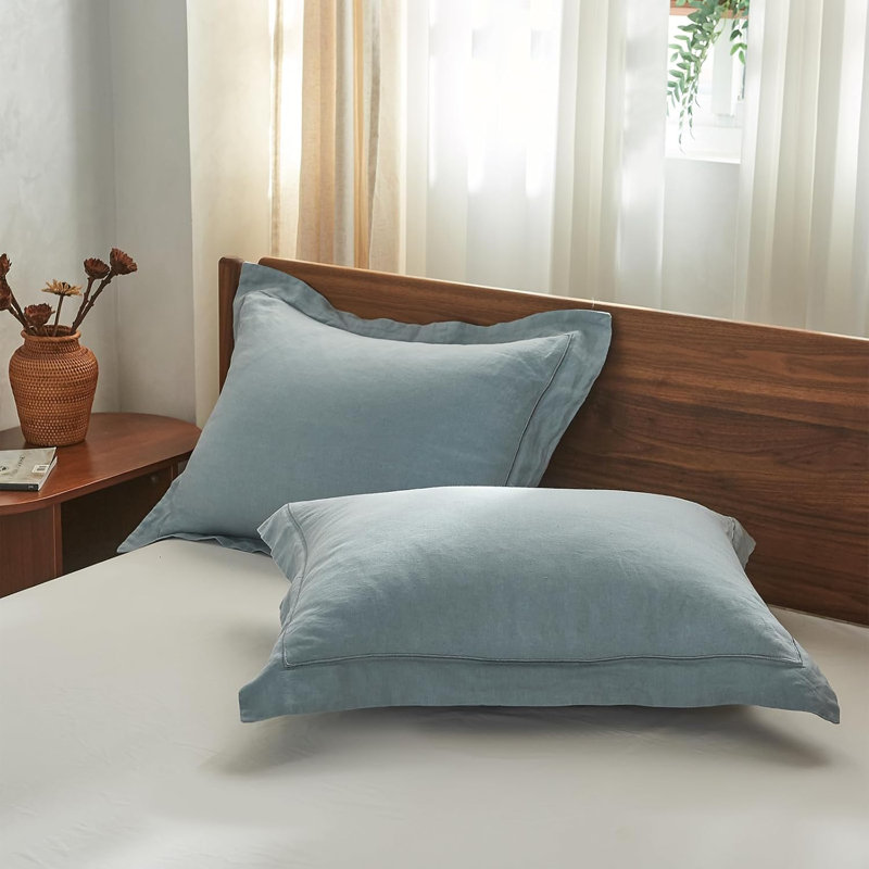 100% French Linen Pillowcase Set Of 2, Pure Flax Pillow Covers With Embroidered, Queen Pillowcase, Dusty Blue