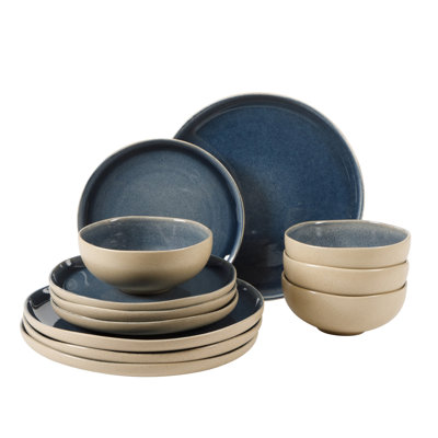 Gibson Elite Manila Bay 12-Piece Stoneware Dinnerware Set, Service for 4, Reactive Glaze Modern Artisan Plates & Bowls, Blue, Round Design