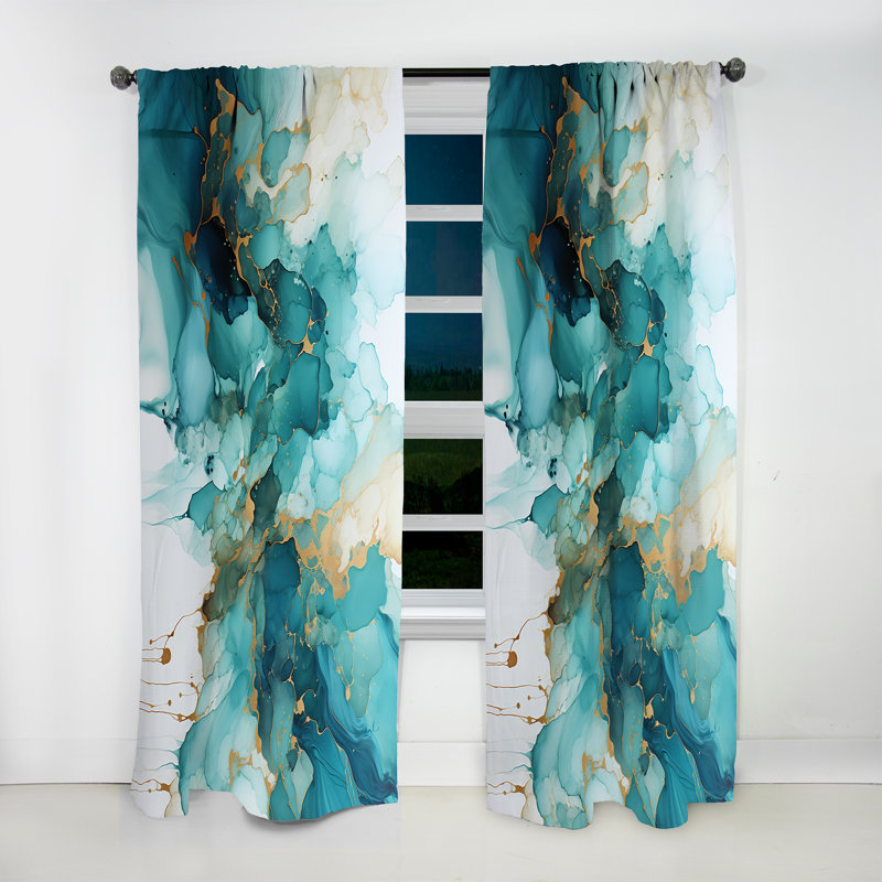 Teal Gold Abstract Fractal Mystic Mirage III - Fractals Curtain - Velvet Room Darkening - 1 Panel, 52" W x 120" L