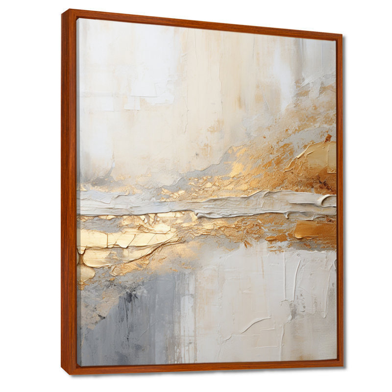Art abstrait doré et beige fusion I - plage côtière, H 32 po x l 16 po x P 1 po, Cadre flottant brun