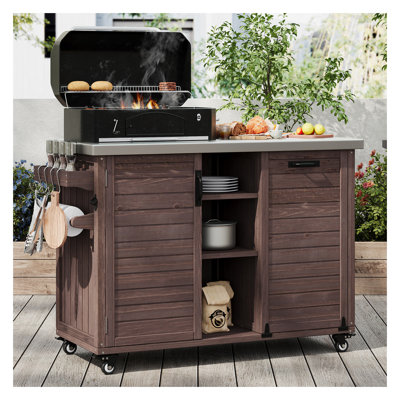 Îlot de cuisine 78,3 po K&K avec table de barbecue pliable, chariot en bois avec plateau en acier inoxydable et rangement pour poubelle