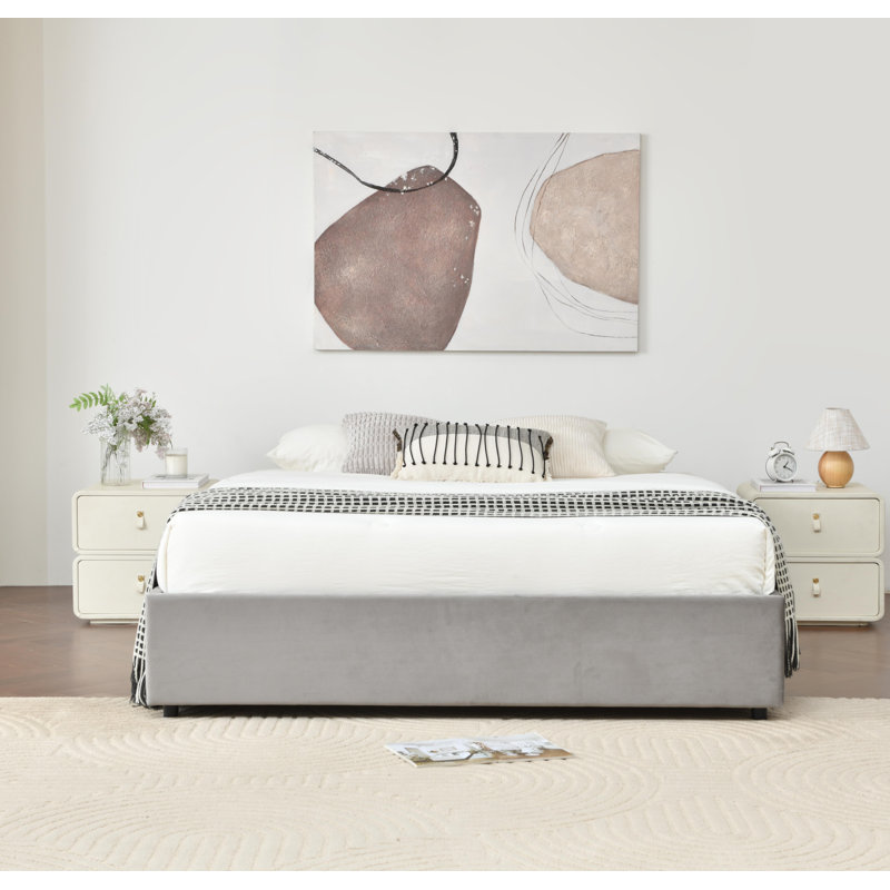Lit plateforme tapissier avec rangement et tiroirs, Gris, Grand