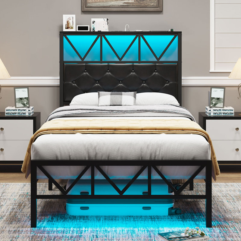 Twin Size Bed Frame with LED Light and Charging Station, Black Upholstered Headboard with Shelf, Under Bed Storage, No Box Spring Needed, Noise Free, Easy Assembly, Black