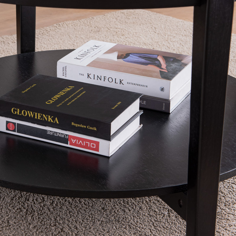 Double-layer Solid Wood Round Coffee Table with Tempered Glass Top