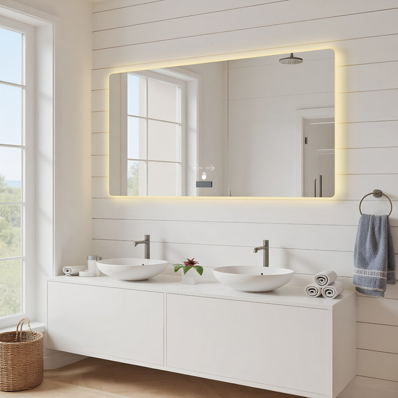 48x32in Frameless Bathroom Mirror With Light, Led Vanity Mirror, Tri-color Dimming, Anti-fog Function, Waterproof, Smart Sensor