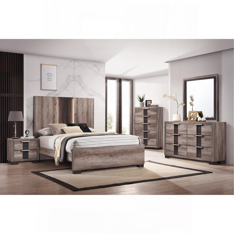 Mobilier de chambre à coucher contemporain 1pc, Grand lit, Brun / Beige / Gris