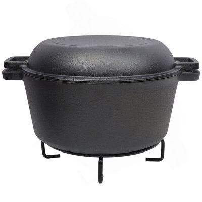 3 en 1 cocotte en fonte pré-assaisonnée, marmite de camping pour l'extérieur, 5 pintes Couvrir comme une poêle avec un fond à nervures. Avec support à casseroles en fer de 1 pièce, levier de couvercle 1 pièce.