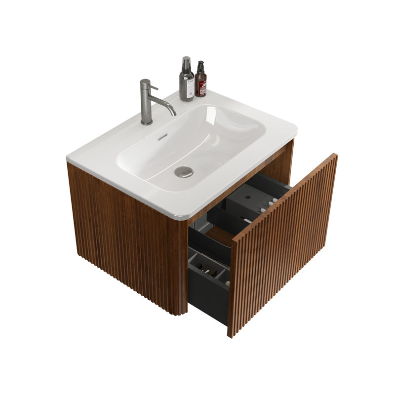 Meuble-lavabo mural 24 po - Baignoire rayée en céramique noyer blanc