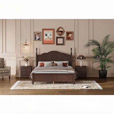 Ensemble de chambre à coucher 3 pièces, lit plateforme en bois et deux tables de chevet