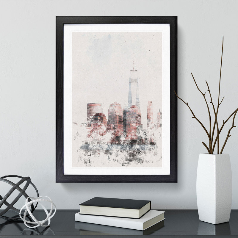 Downtown New York City Skyline Watercolour - Picture Frame Graphic Art, Black Framed, 33cm H x 24cm W x 2cm D