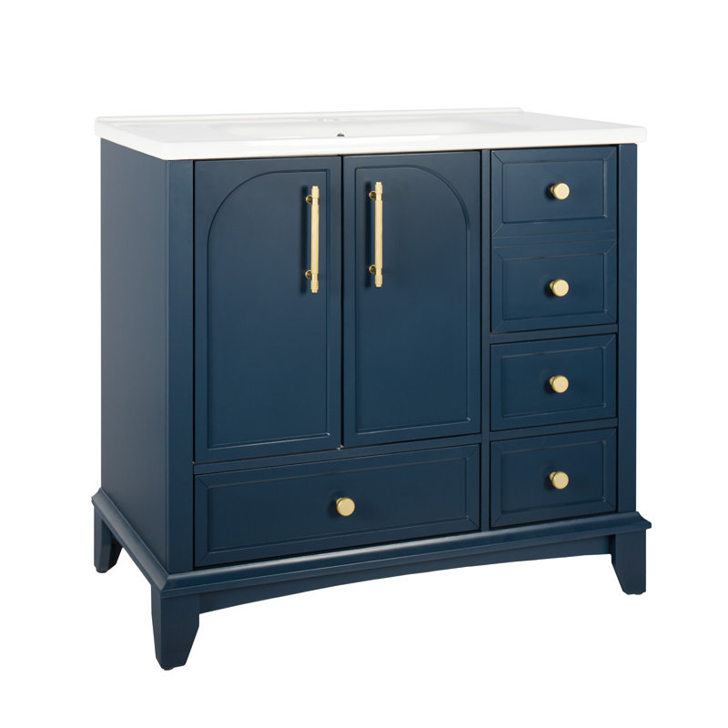 Lavabo de salle de bain autoportant avec rangement Mid-Century, Bleu