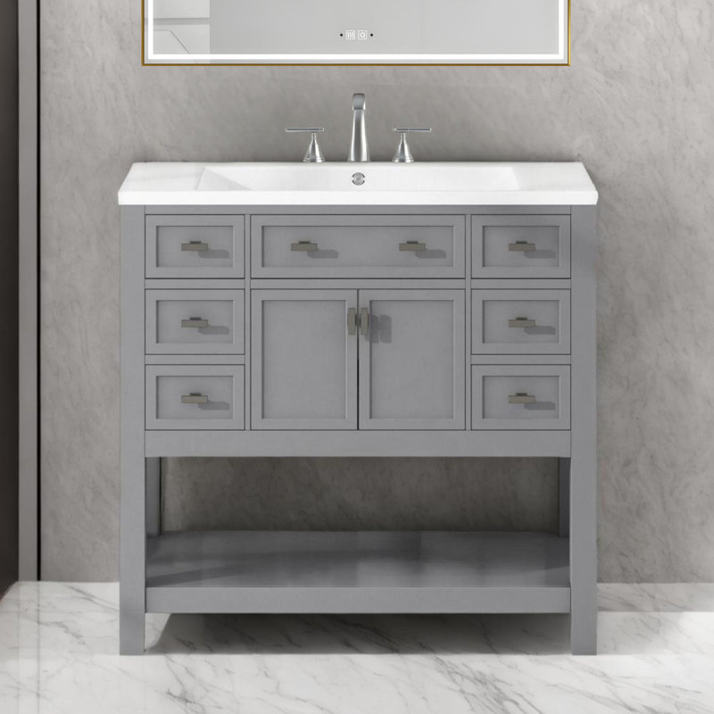Armoire de rangement moderne pour salle de bain 36 po avec 2 portes à fermeture douce et 6 tiroirs, Gris