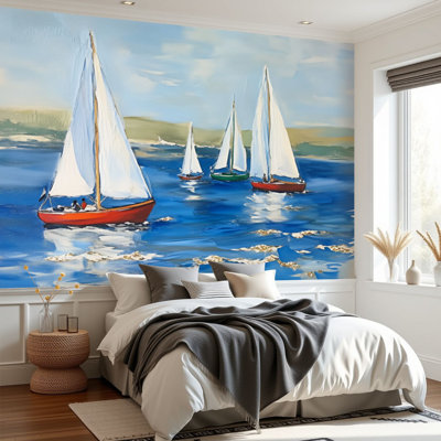 Wall Mural Peel and Stick Wallpaper Blue Abstract Sailboat Nautical Navy Seascape Sailboats Ocean White Self-Adhesive Removable Contact Paper Wall Decor for Living Room Bedroom 69"H x 96"W