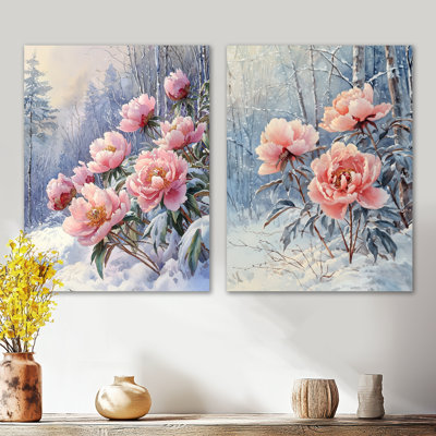 Hiver, pivoines glacées dans la forêt I - ensemble de 2 reproductions d'art mural botanique en métal