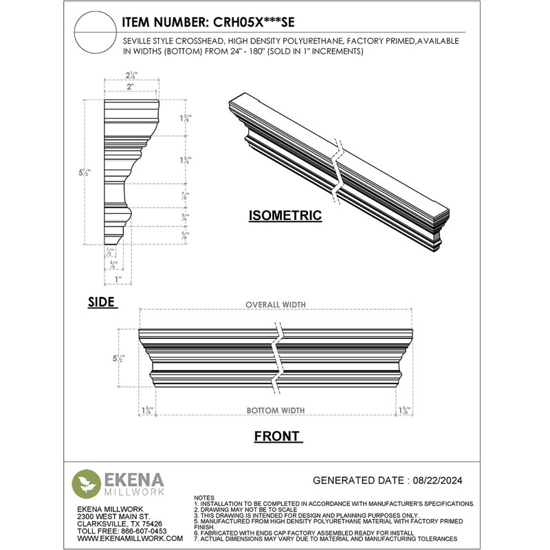 Panneau frontal Endurathane Seville, largeur du bas 106 po x largeur du dessus 109 1/4 po x H 5 1/2 po x P 1/2 po, apprêté en usine