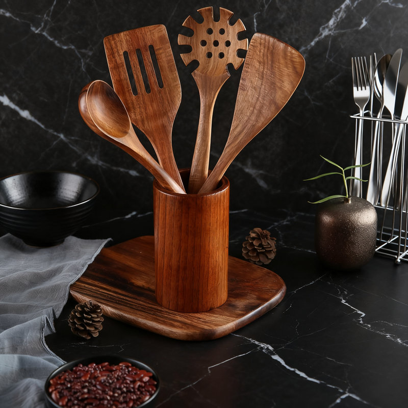 Ensemble d'ustensiles de cuisine 8 pièces en bois de teck avec tonneau de rangement, cuillères et spatules en bois naturel pour batterie de cuisine antiadhésive, outils de cuisson durables et résistants à la chaleur