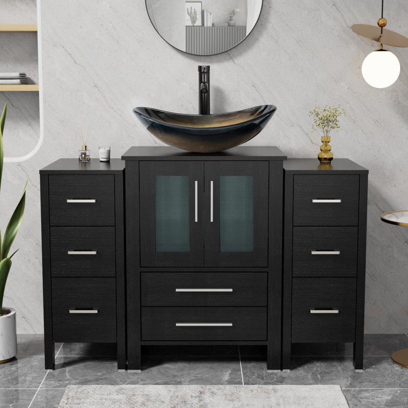 Meuble-lavabo simple 48 po avec lavabo vasque Sharee, comptoir en bois manufacturé, robinet et drain Sharee, Noir, Champagne