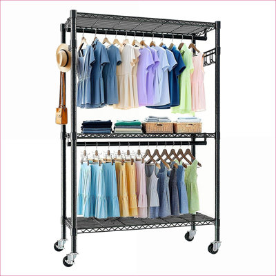 FlowLuxe Heavy Duty 3-Tier Adjustable Rolling Clothes Rack, Matte Black Portable Freestanding Closet Organizer with Wheels, Shelves and Side Hooks