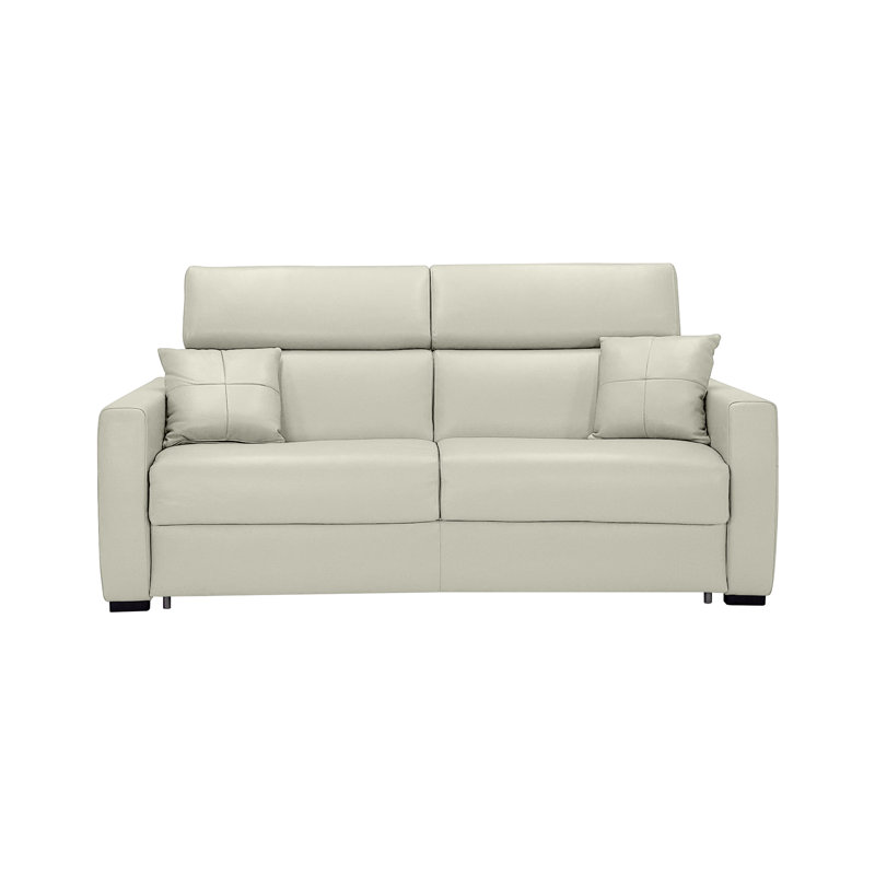 Paula 80" Genuine Italian Top Grain Leather Queen Folding Headrest Sleeper Sofa Bed with Memory Foam Mattress, Light Gray