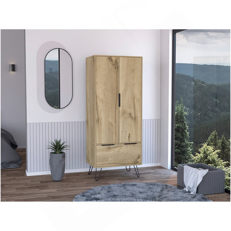 Placard, un tiroir, armoire double porte, pieds en épingle à cheveux, chêne clair
