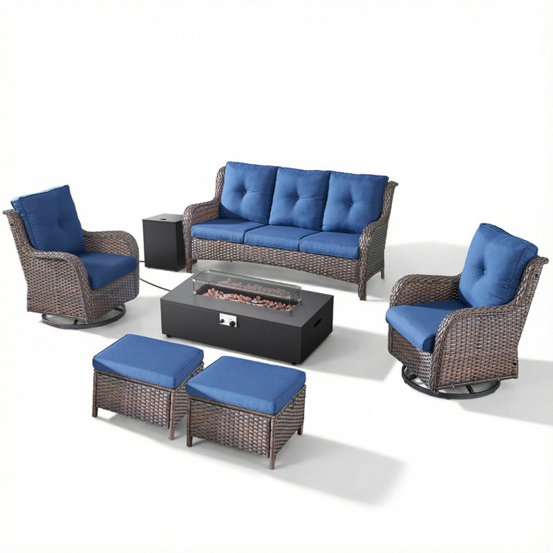 Deeomninia 6-Piece All Weather Wicker Patio Conversation Set With Swivel Gliders, Split Fire Pit Table And Ottomans