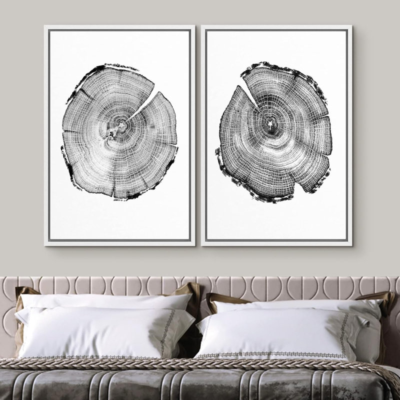 Minimal noir blanc bois anneaux d'arbre nature sauvage Art moderne rustique Relax Calme foncé 2 pièces, H 24 po x l 16 po