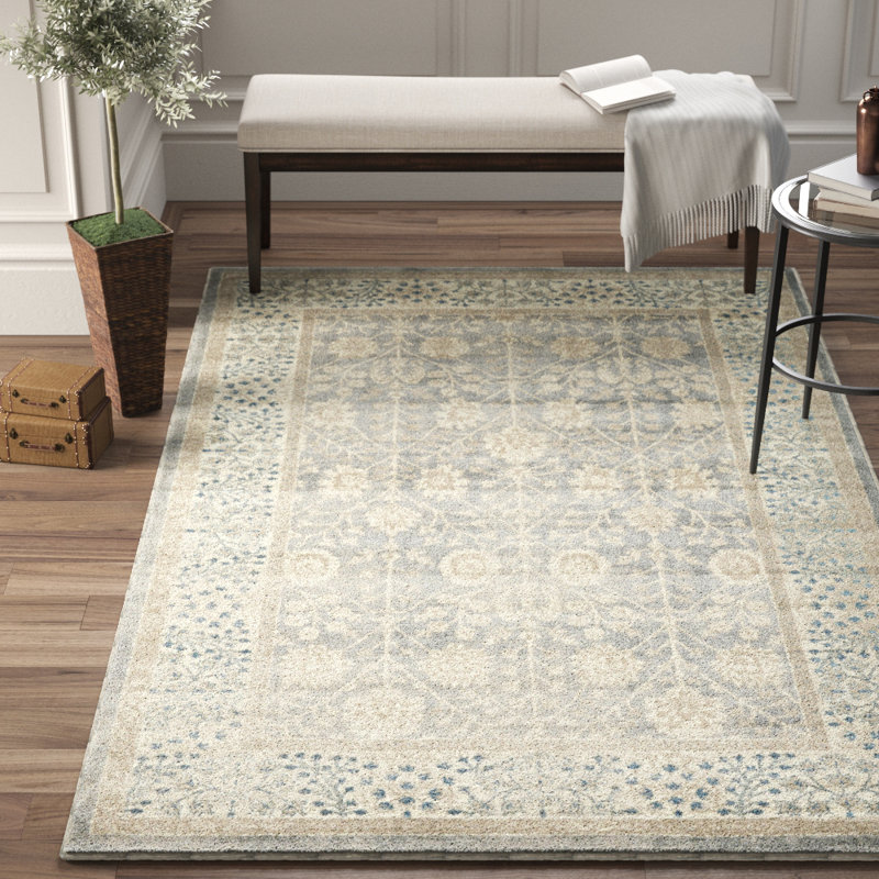 Tapis gris à motif floral Moua, Rond 5 pi