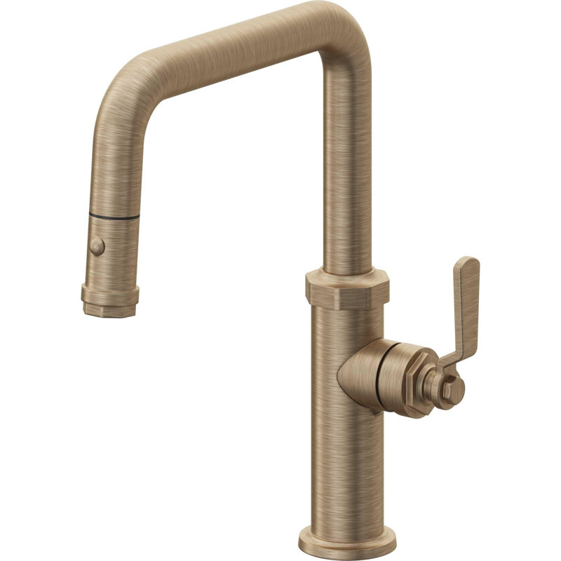 Pull-Down Kitchen Faucet With Button Sprayer - Quad Spout, Antique Brass Flat