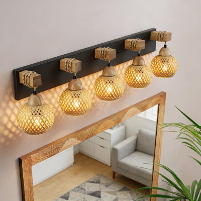 Farmhouse Vanity Light Fixture With Handwoven Bamboo Shades, 5-Light Rustic Bathroom Lighting For Over Mirror, Suitable For Bathroom, Bedroom, And Hallway