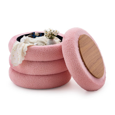 Modern Sherpa Storage Ottoman, Round Teddy Footstool with Flip-Top Tray, Upholstered Vanity Stool for Living Room, Bedroom & Home Decor – Pink