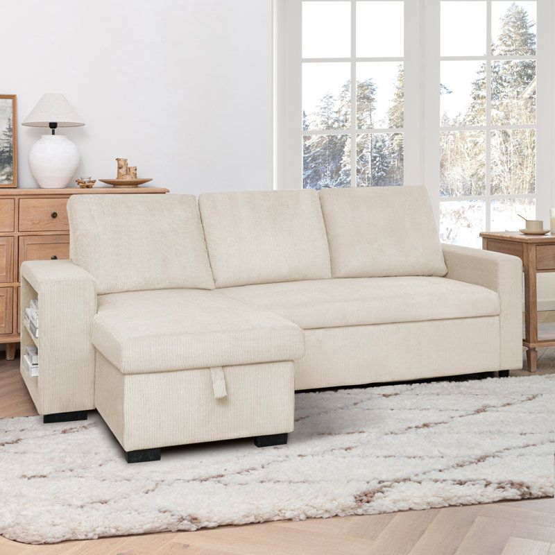 Modern Sleeper Sofa With Pull Out Bed & Storage Chaise, Beige Corduroy