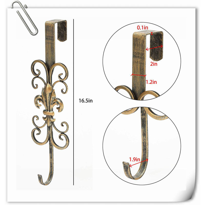 Paquet de 2 crochets à couronne pour porte d'entrée, crochet de couronne en métal au-dessus de la porte, fleur de lys et motif à volutes, doré
