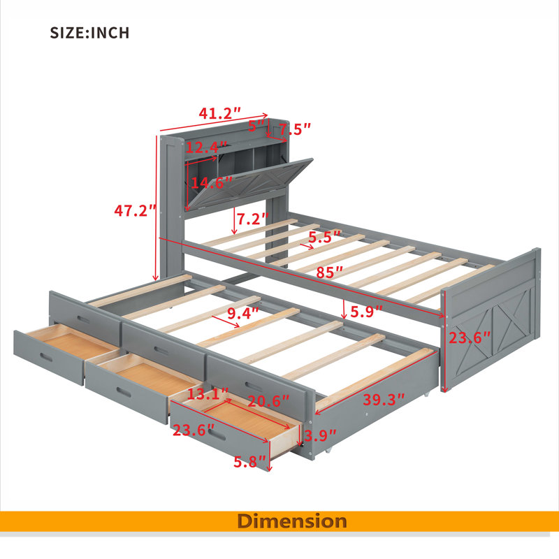Lit en bois avec tête de lit avec prises de courant, lit extensible avec lit gigogne simple avec trois tiroirs de rangement