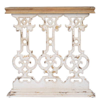32" X 12" Vintage White Wash Console Table With Brown Wood Top, Intricate Base, Living Room Furniture Top And Style Improvement