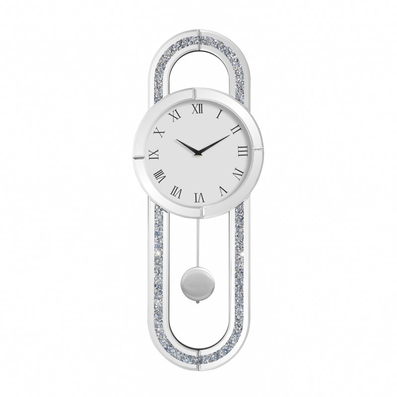 Mirrored Wall Clock with Crushed Diamond Inlay & Decorative Pendulum – 80cm Glam Design