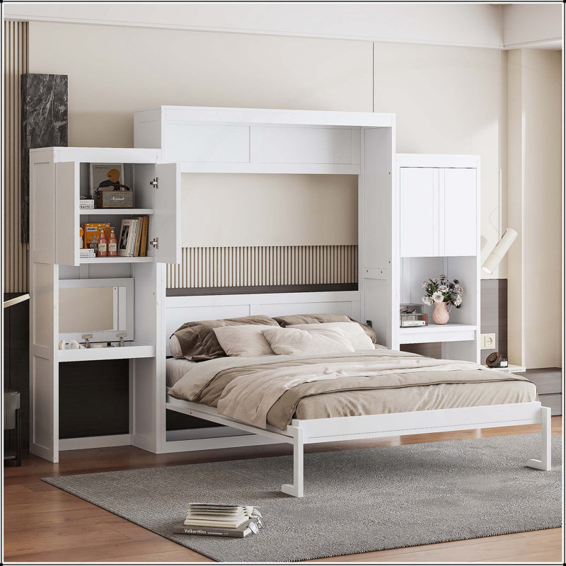 Grand lit escamotable polyvalent avec bureau intégré, coiffeuse et armoires pour optimiser l'espace, Blanc