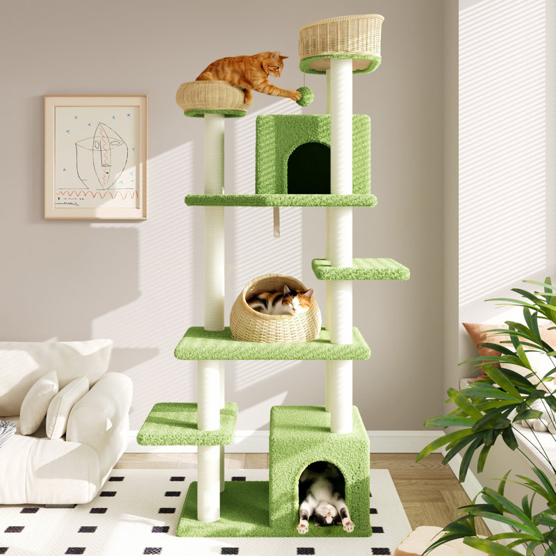 74" Modern Multi-Level Cat Tree With Wicker Nests And Sisal Scratching Posts