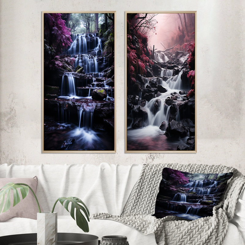 «Pink Grey Waterfall Misty Reverie», 2 pièces sur toile, H 32 po x l 32 po, Encadrement brun