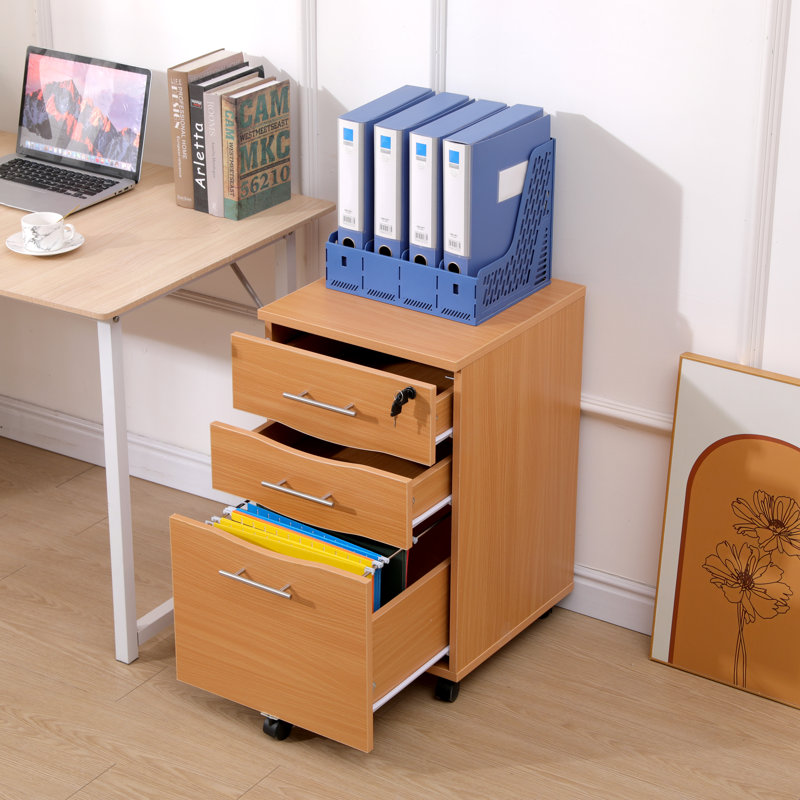 Denzel Under Desk Mobile Pedestal 3 Drawer Unit, Filing Cabinet, Beech