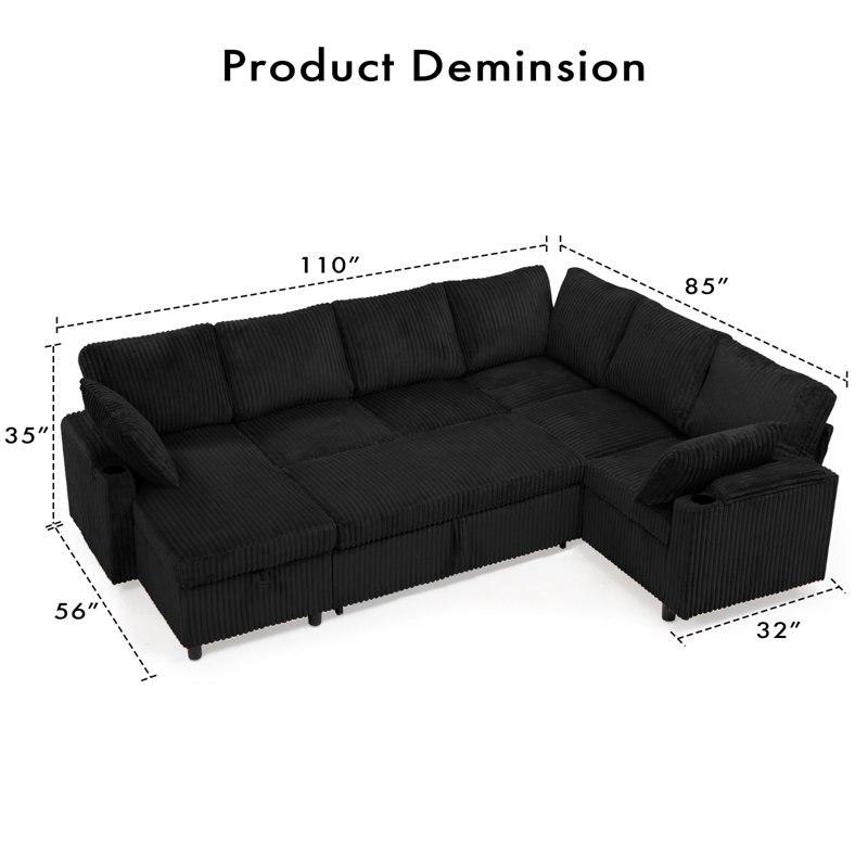 Corduroy Modular Sectional Sofa Bed With USB Charging Ports And Storage Chaise, U-Shaped Pull-Out Sofa Bed With Cup Holder For Living Room, House