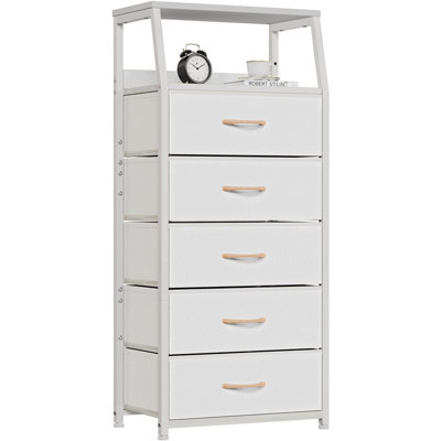 White 5-drawer Dresser, Vertical Fabric Storage Tower With Wood Top And Steel Frame For Bedroom, Closet, Nursery, Hallway, Or Bedside Use