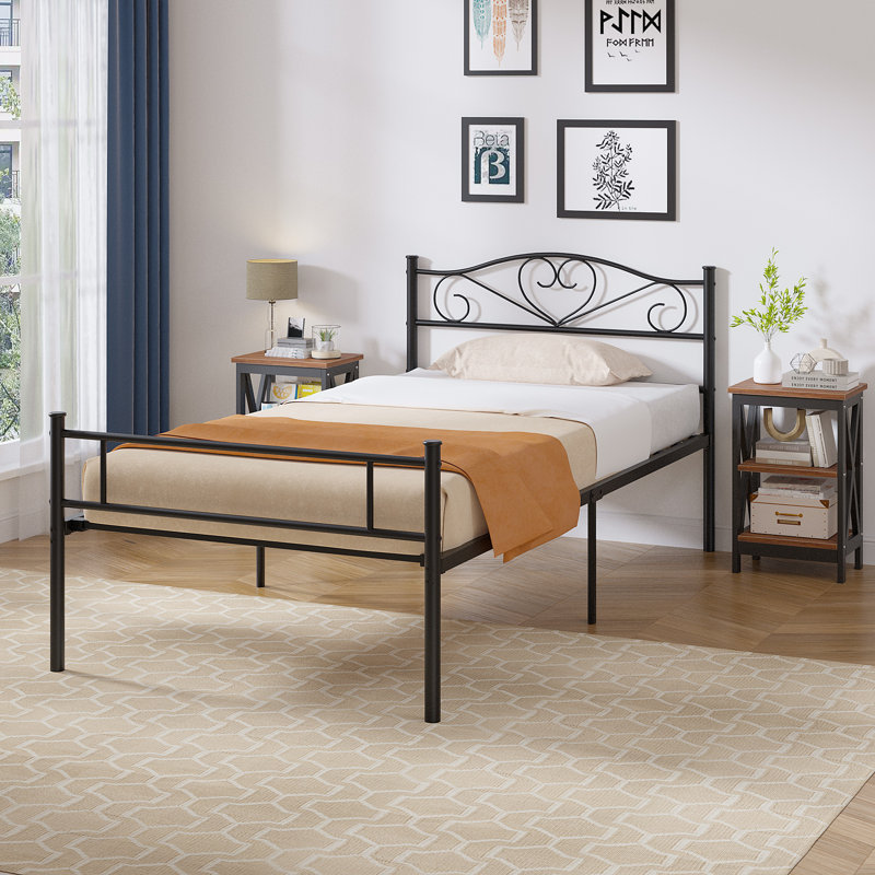 Kempst 3 Piece Bedroom Set, Black Metal Bed Frame with 2 Open Shelf Nightstands, Metal Platform Bed with Side Table Set of 2, Small Space Bedroom Furniture Set for Apartment, Guest Room, Modern Bedroom
