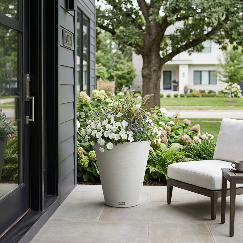 Cara Ribbed Round Taper Composite Planter, White