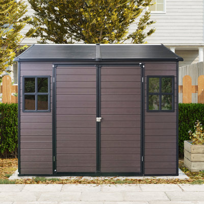 Remise en résine 8 x 6 pi pour jardin - imperméable avec porte verrouillable, deux fenêtres et rangement extérieur au sol, fenêtres noires, porte de jardin, patio